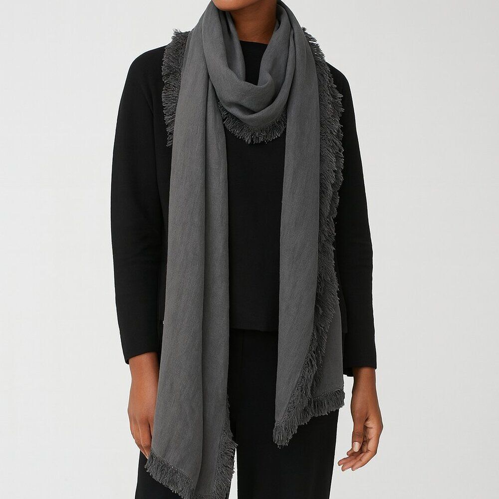 100% Linen Gray Fringe Long Wrap scarf 75x17.5